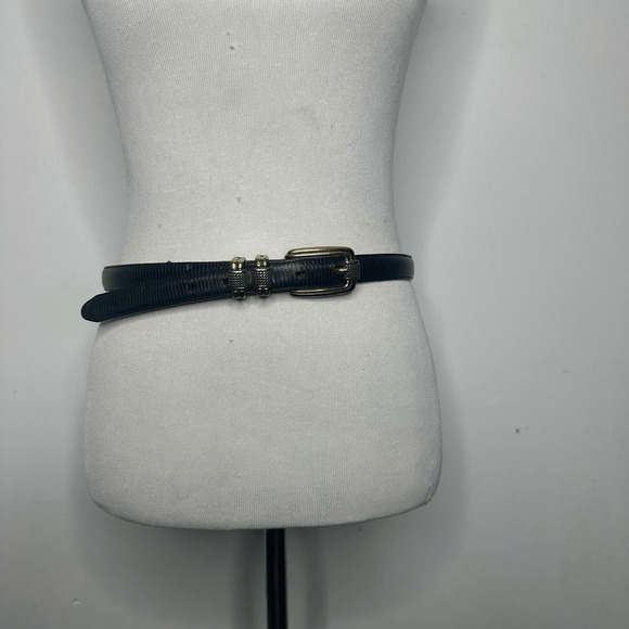 vtg 90s BRIGHTON Classics Black Leather Belt Silver Gold women's L 34 dressy thi - Picture 2 of 8